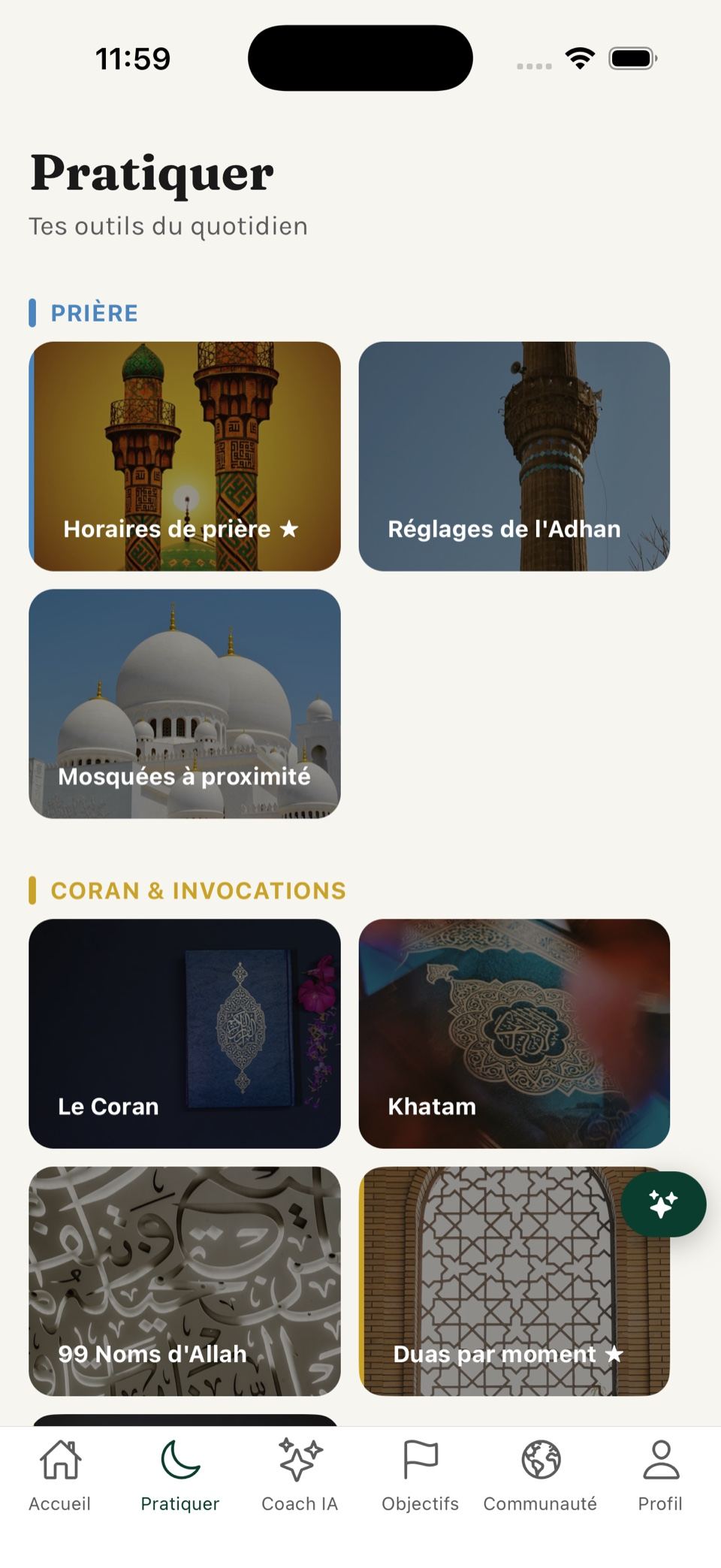 Écran Pratiquer de DînApp : prière, Coran, invocations